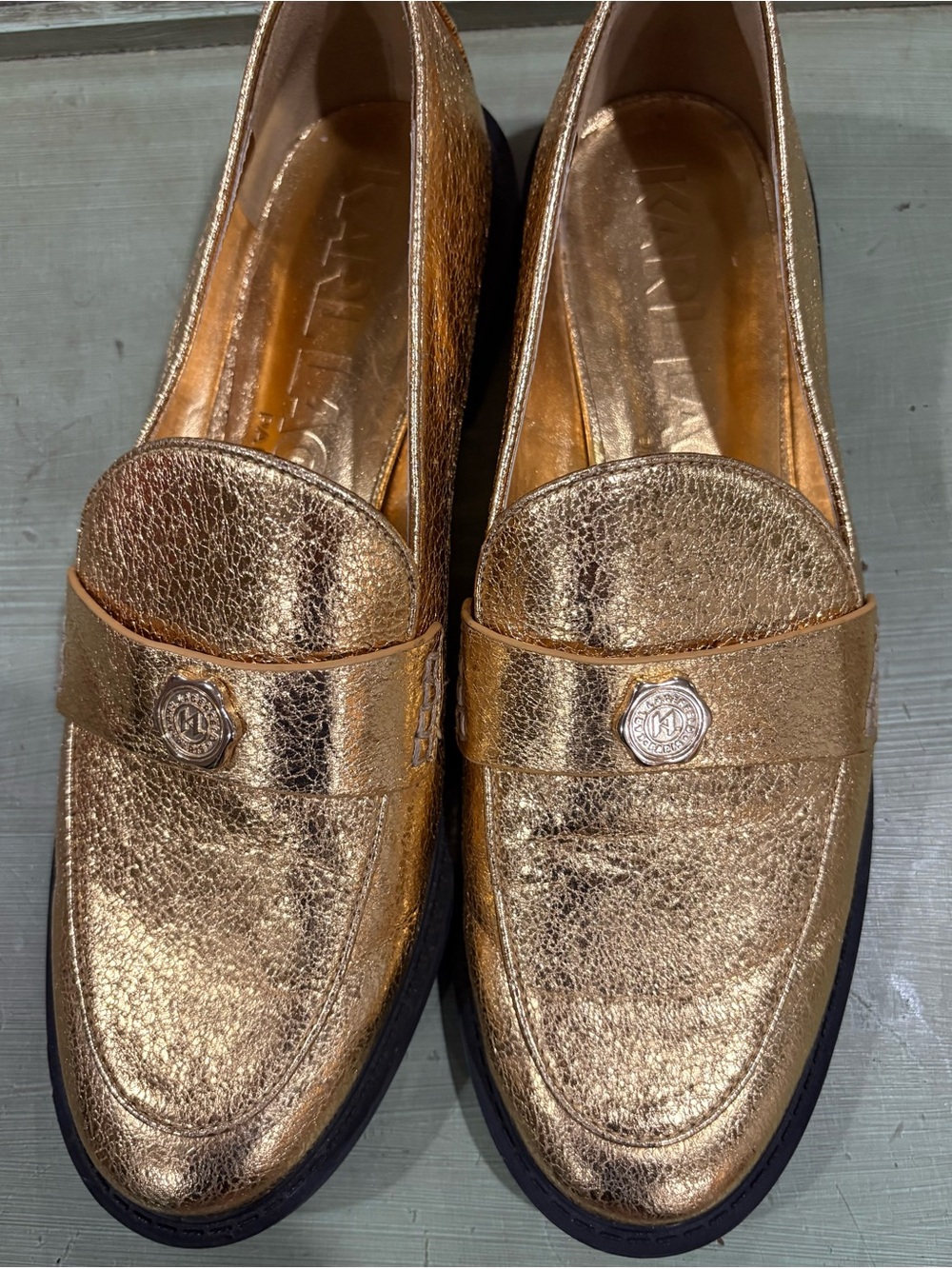 Karl Lagerfeld Metallic Gold Leather Loafers - Women's Fashion Slip-Ons